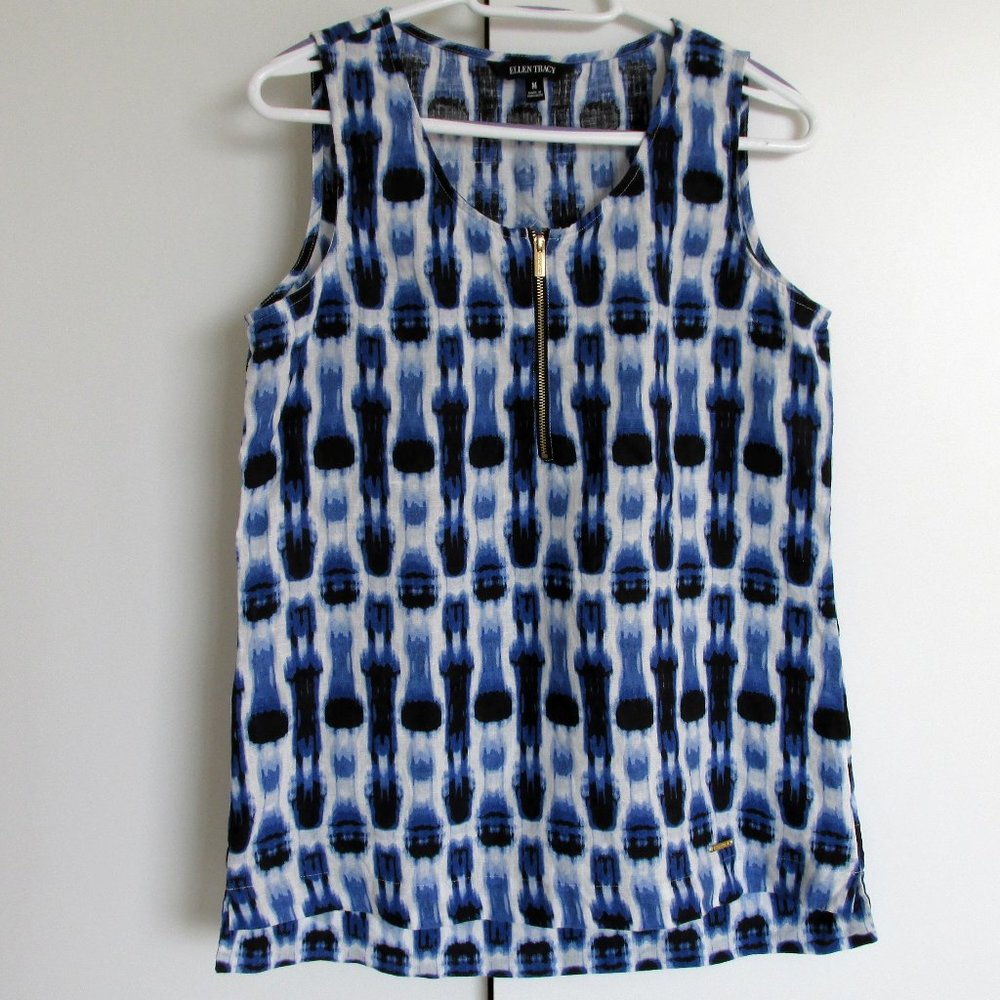 Ellen Tracy Blue & White Linen Zipper Tank Top